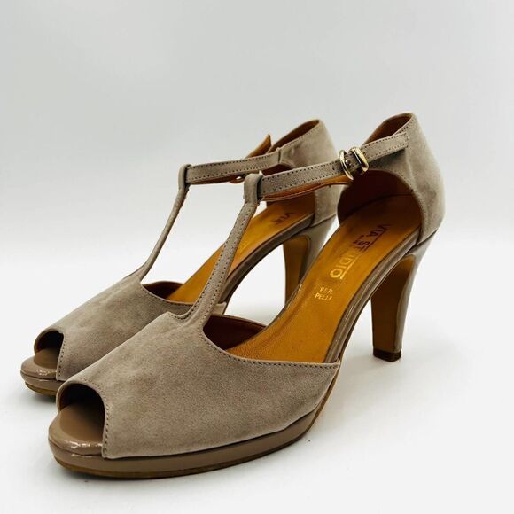 Via Studio Open Toe Platform T-Strap Nude Suede Pumps Size 38 - Picture 3 of 13